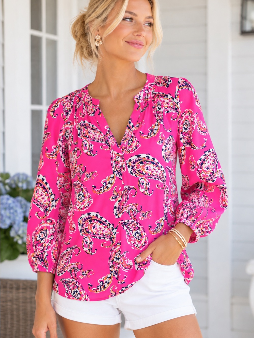 Crown & Ivy Pink Paisley Blouse Top L Long Sleeve Preppy Coastal Resort L